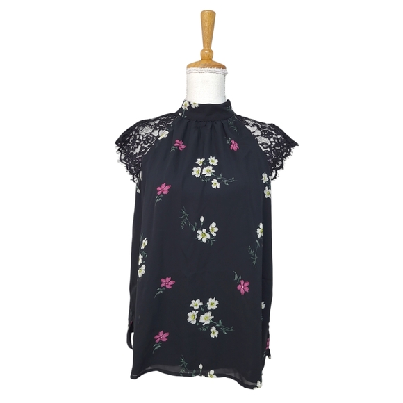 VINCE CAMUTO SHIRT WOMENS SIZE SMALL RICH BLACK FLORAL BLOUSE RAGLAN SLEEVE TOP - Picture 2 of 10